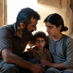 **

A cinematic still showcasing a Syrian family huddled together in a war-torn setting, but with a visible ray of sunlight symbolizing hope. Focus on the emotional expressions of resilience and the will to survive amidst conflict. The style should evoke realism combined with a touch of surrealism to represent the hardship and dreams for a better future.

**