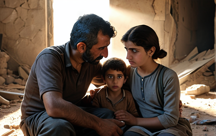 **

A cinematic still showcasing a Syrian family huddled together in a war-torn setting, but with a visible ray of sunlight symbolizing hope. Focus on the emotional expressions of resilience and the will to survive amidst conflict. The style should evoke realism combined with a touch of surrealism to represent the hardship and dreams for a better future.

**