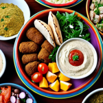 **A vibrant Syrian spread:** A table laden with colorful Syrian mezze. Focus on Mutabbal, Falafel with Tahini sauce, and a Fattoush salad with visible pita bread croutons. Capture the aromatic spices and fresh herbs.  Include elements that suggest a warm, inviting atmosphere. (Emphasis on spices, fresh ingredients, and color.)