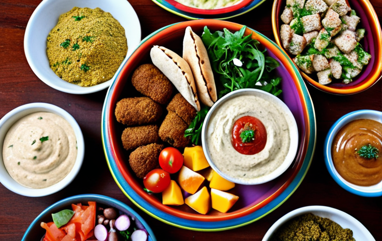 **A vibrant Syrian spread:** A table laden with colorful Syrian mezze. Focus on Mutabbal, Falafel with Tahini sauce, and a Fattoush salad with visible pita bread croutons. Capture the aromatic spices and fresh herbs.  Include elements that suggest a warm, inviting atmosphere. (Emphasis on spices, fresh ingredients, and color.)